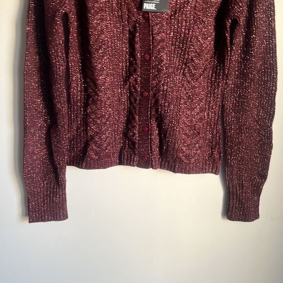 NEW PAIGE Nanari Metallic Cable Knit V-Neck Cardigan in Burgundy Sparkle - Picture 5 of 11